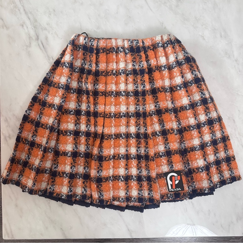 Prada wool pleated wrap plaid skirt